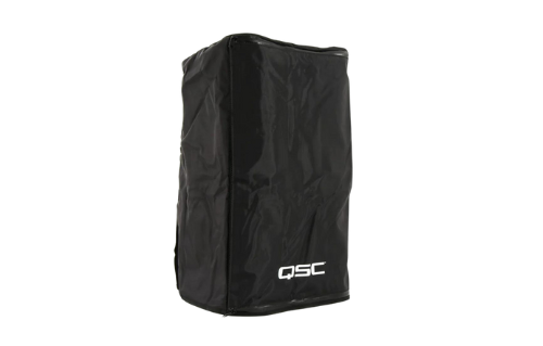 Black QSC speaker cover. Rectangular shape, with QSC logo on front.