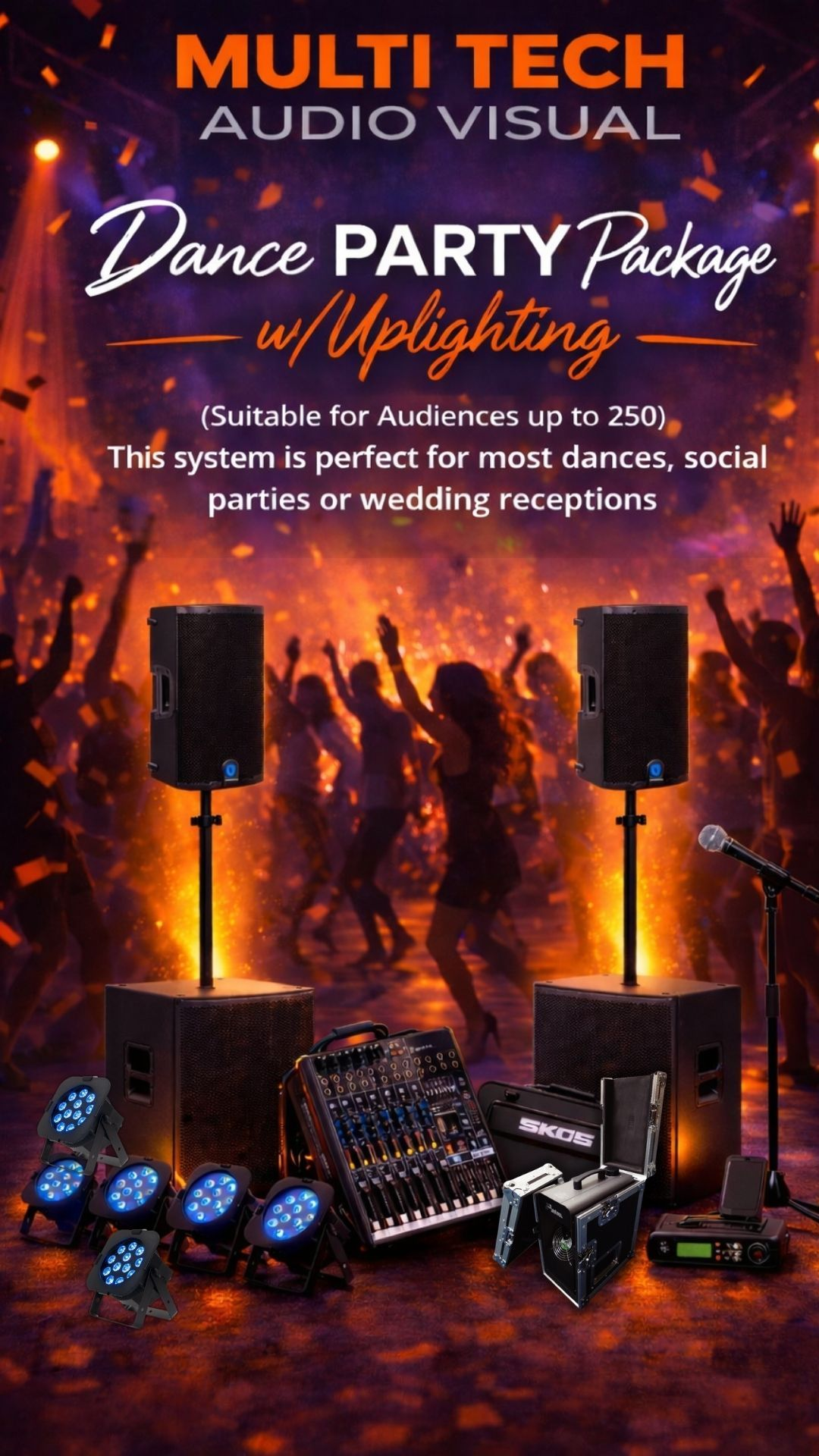 Advertisement for a dance party package with speakers, lighting, and a mixer. Text indicates suitability for events of up to 250 people.