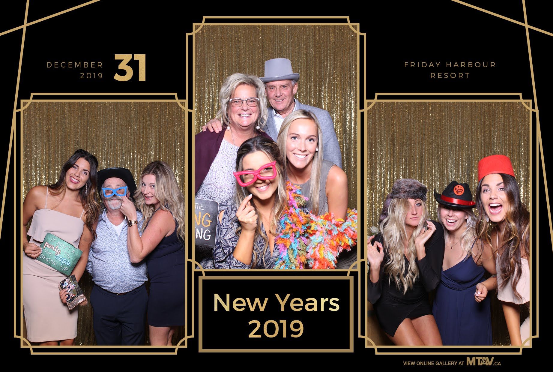 Photo booth strip: groups of people celebrating New Year's Eve 2019, wearing props and smiling.