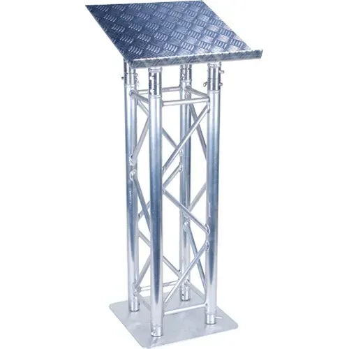 Metal truss lectern with patterned top.