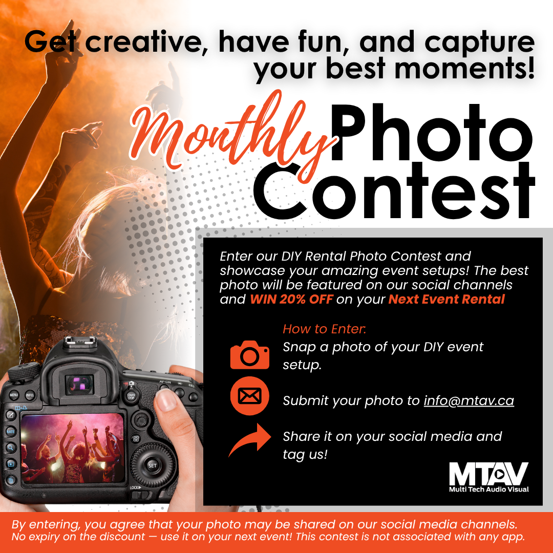 Monthly photo contest ad: woman with smoke, camera, instructions, and event rental discount.