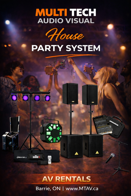 Advertisement for audio-visual rentals with party equipment. People are partying. Text reads 
