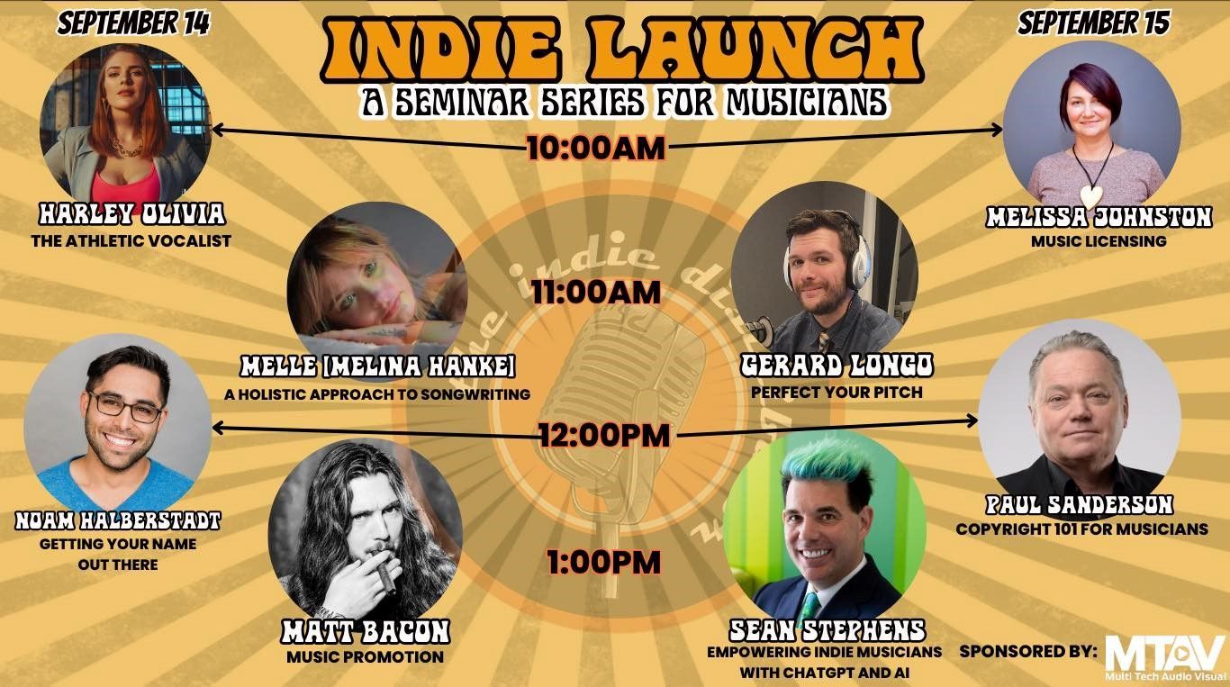 Event flyer: Indie Launch, a seminar series for musicians with guest speakers scheduled on September 14 and 15.