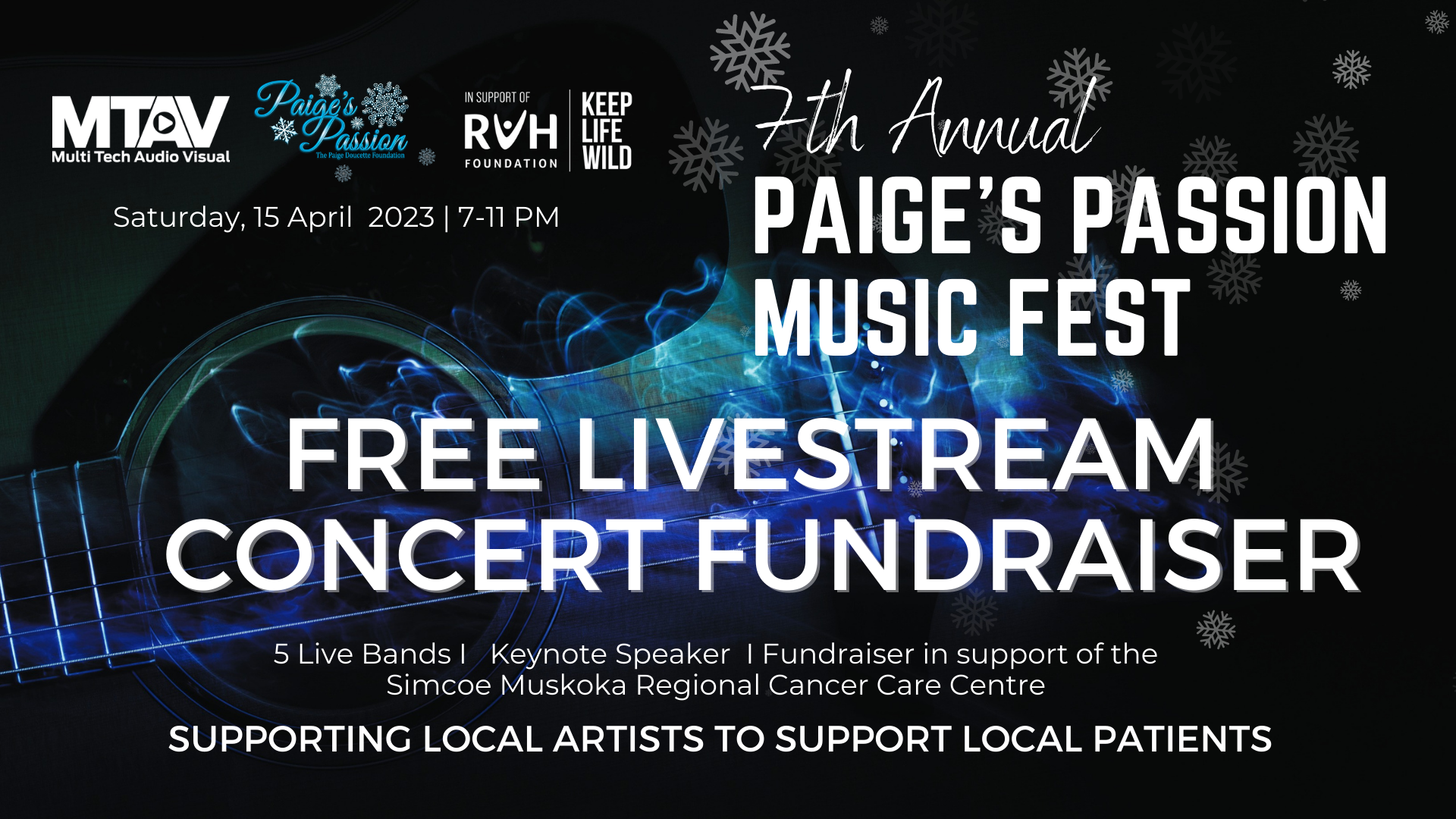 Poster for Paige's Passion Music Fest, a free livestream concert fundraiser. Featuring guitar silhouette, text, and logos.