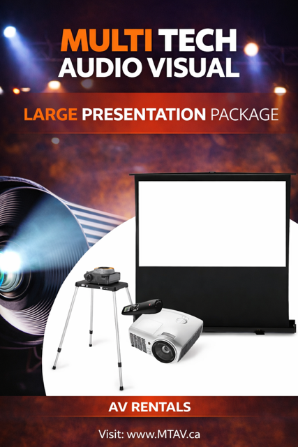 Poster for Multi Tech Audio Visual, advertising a large presentation package. Includes a projector, screen, and tripod.