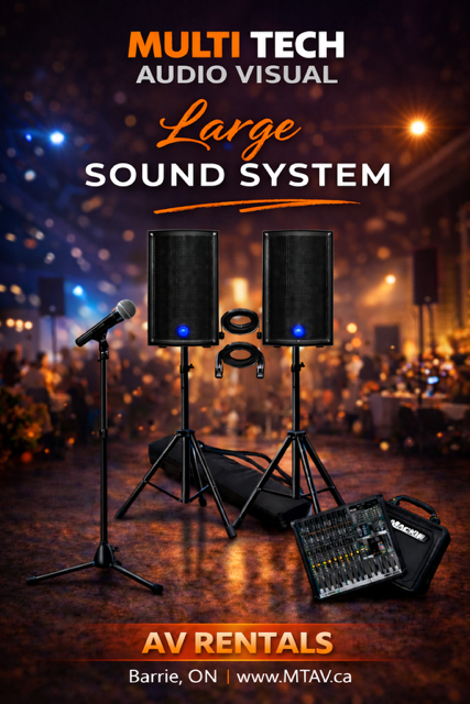 Advertisement for audio visual rentals. Shows speakers, mixer, microphone, and cables for a large sound system against a blurred event background.