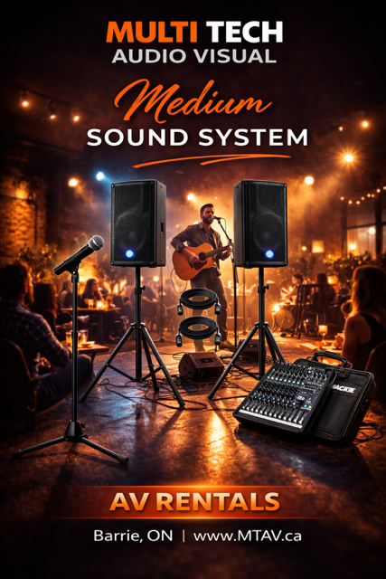 Ad for audio visual rentals. Man performs, speakers, soundboard, and audience present in a venue.