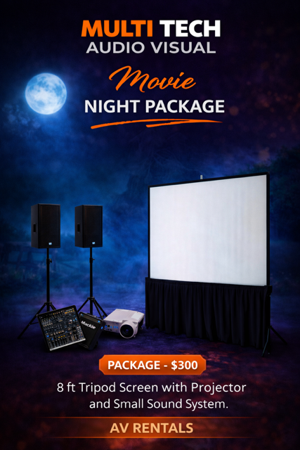 Movie night package ad featuring screen, projector, sound system for rent. Price: $300.