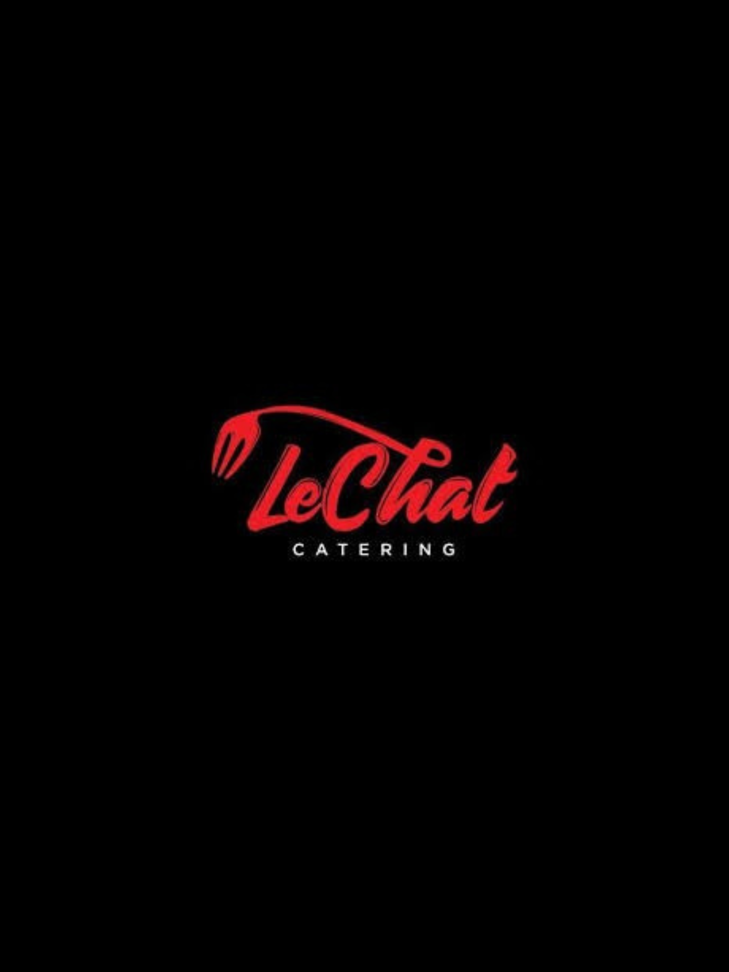 Red logo on a black background: "Le Chat Catering" with a fork-shaped design.