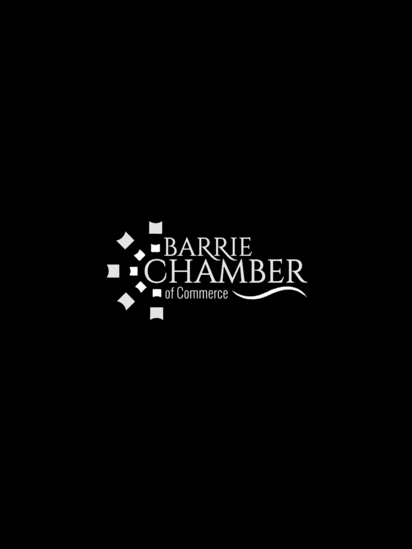 Barrie Chamber of Commerce logo on black background. White text and design, stylized squares.