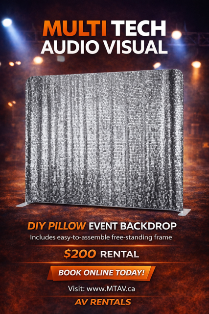 Advertisement for Multi Tech Audio Visual: silver sequin backdrop rental for $200. 