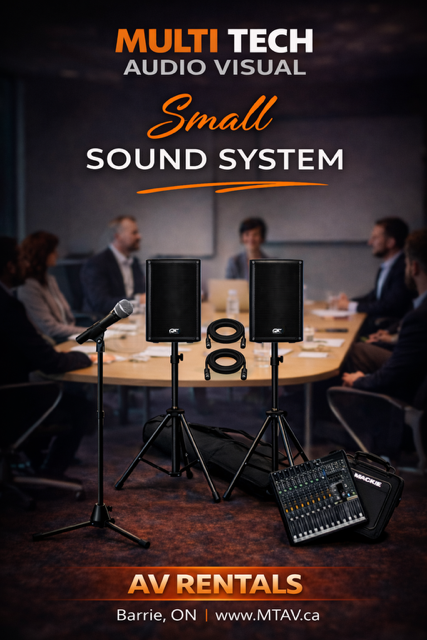 A sound system rental advertisement. Two speakers on stands, a microphone, cables, and a mixer in a meeting room.