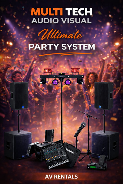 Party system rental ad: speakers, lighting, soundboard, microphone, people dancing in background.