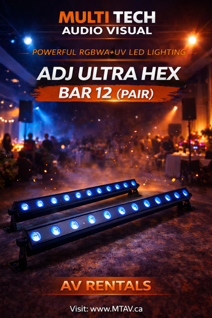 Multi Tech audio visual party lighting pack advertisement. Purple glow, party scene, equipment rentals.