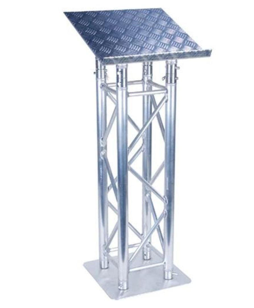 Silver metal lectern with diamond plate top.