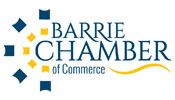 Barrie Chamber of Commerce logo: blue and yellow stylized starburst around text. Curved yellow line below.