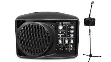 Black portable PA system with microphone stand and microphone.