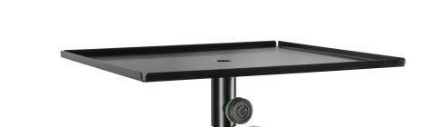 Black metal stand with a square tray, against a white backdrop.