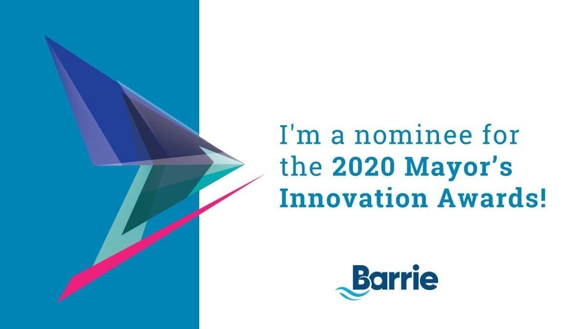 Graphic: Barrie Mayor's Innovation Awards nominee. Blue, teal and pink geometric shape. Barrie logo.