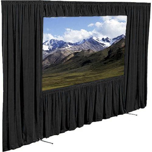 Black draped stage backdrop with screen displaying mountain landscape.