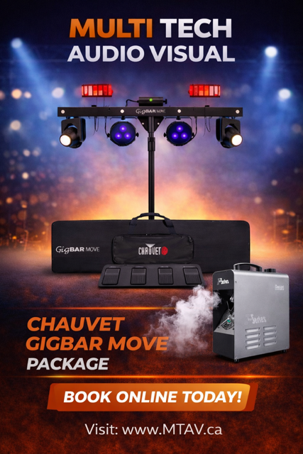 Ad for Multi Tech Audio Visual, featuring a Chauvet Gigbar Move package, with lighting and a smoke machine.