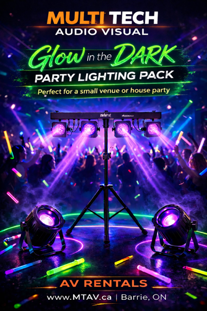 Party lighting pack advertisement with glowing lights over a crowd at a party.