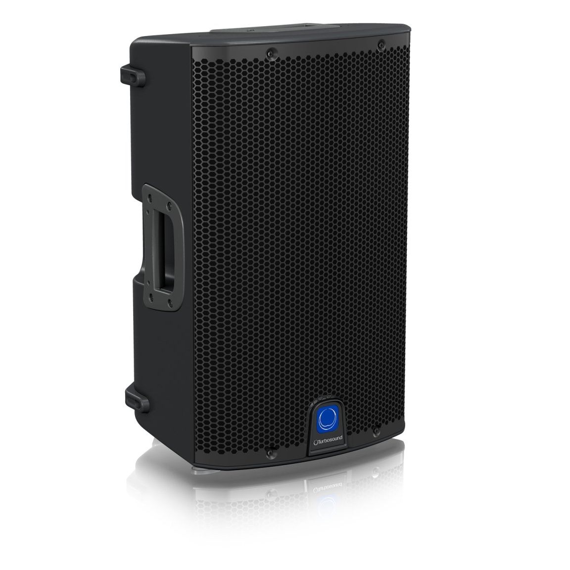 Black loudspeaker with a front grill and handle.
