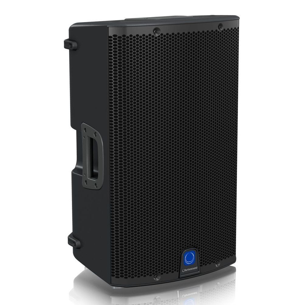 Black Turbosound loudspeaker with a protective grill and side handle.
