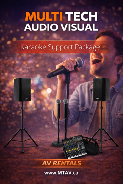 Multi Tech Audio Visual karaoke package ad. Man singing with microphone, speakers, mixer, and mics.