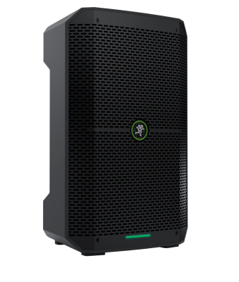 Black Mackie speaker with a perforated front panel and green power indicator.