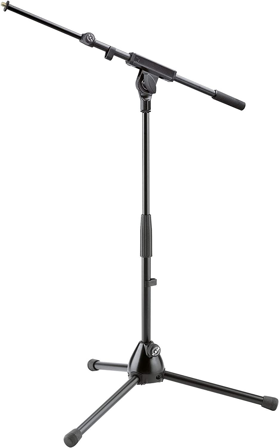 Black microphone stand, three-legged base, adjustable height with boom arm.
