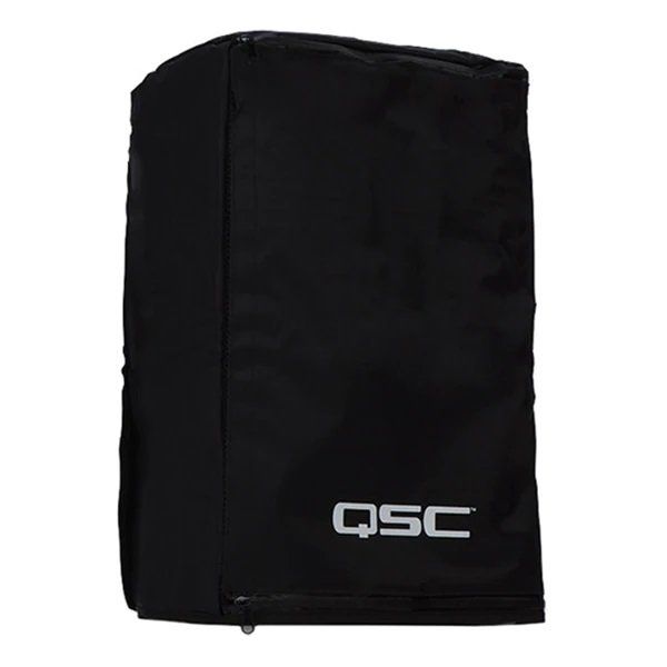 Black QSC speaker cover with white logo, zippered bottom.
