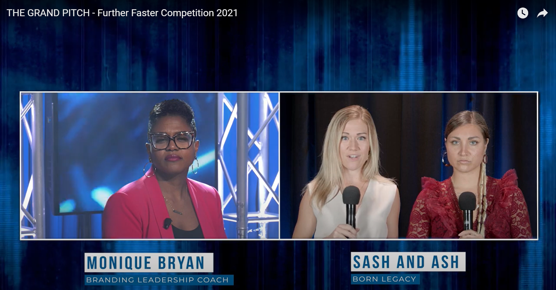 Two panels with three women: Monique Bryan and Sash and Ash on a blue background, each with a microphone.