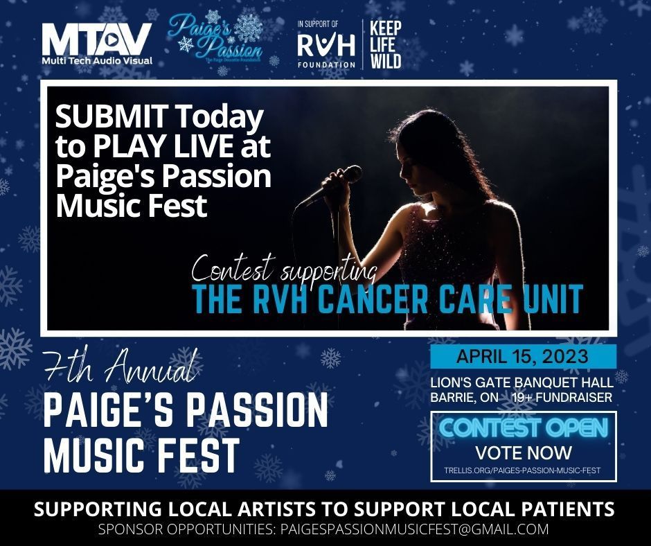Poster promoting the 7th Annual Paige's Passion Music Fest at Lions Gate Banquet Hall, April 15, 2023, supporting the RVH Cancer Care Unit.