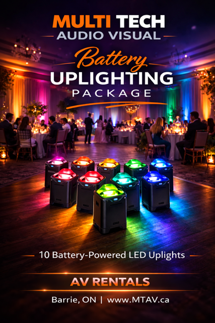 Advertisement for battery-powered uplighting package. Colorful lights illuminate a wedding reception. AV rentals in Barrie, ON.