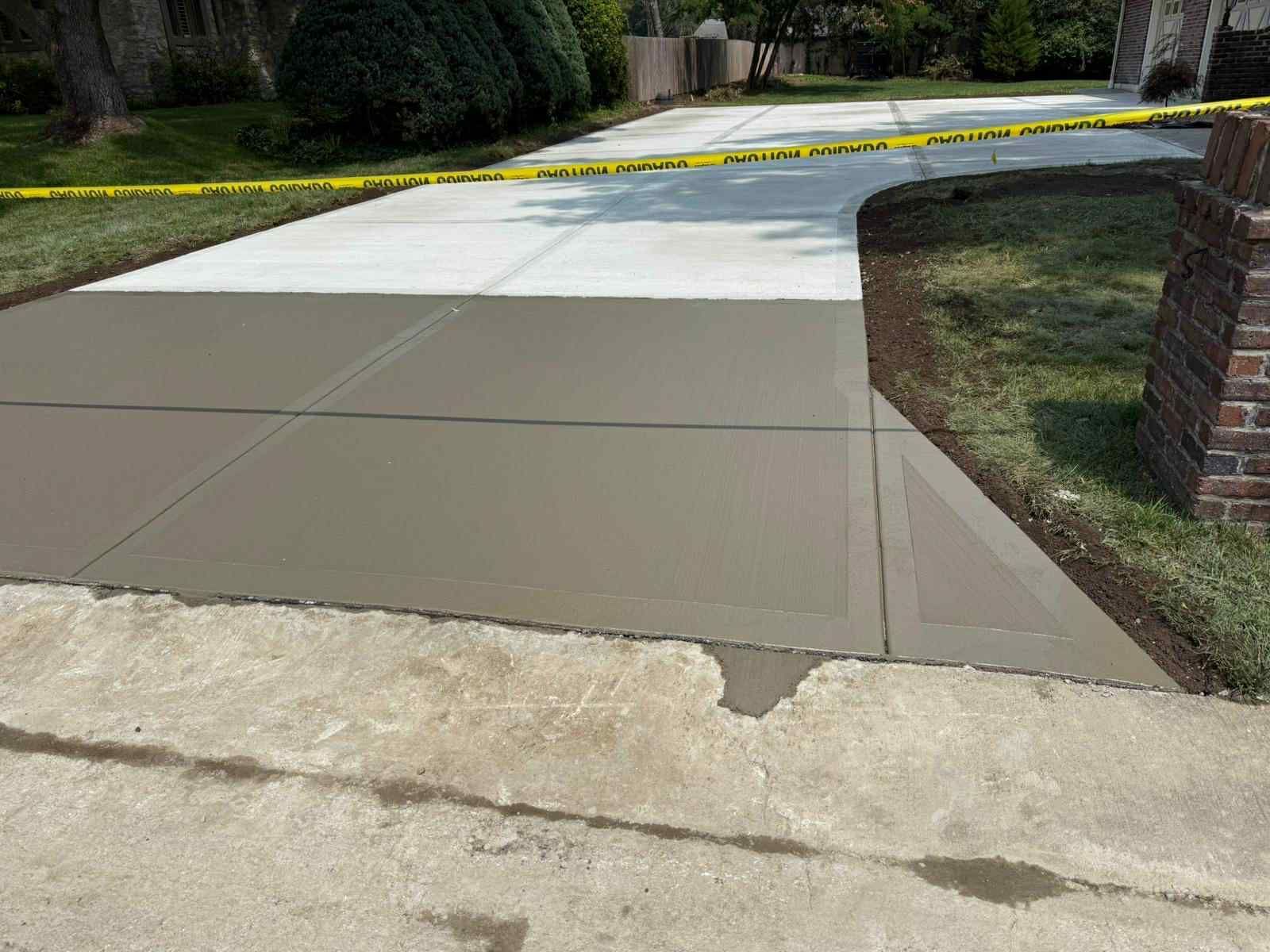Freshly repaired concrete driveway