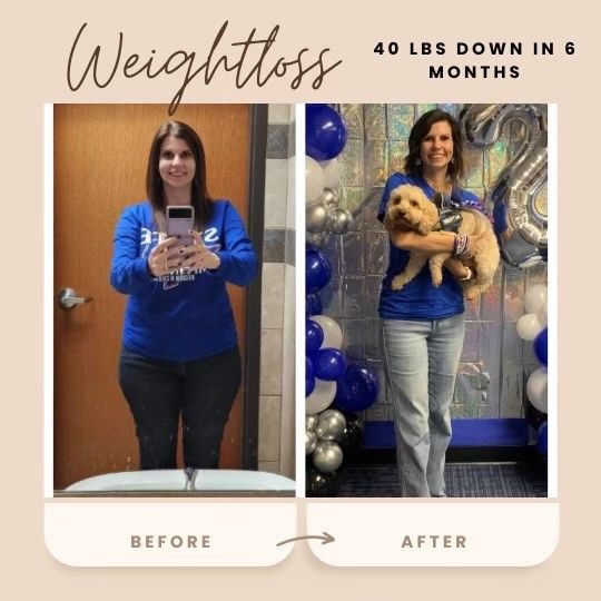 Weight loss before-and-after. Woman lost 40lbs in 6 months. Smiling in both photos, holding a dog in the