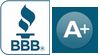 BBB Accredited Business logo: blue rectangle with white square containing stylized flame and text 