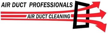Air duct cleaning logo: red arrows escaping from a black square; text.