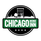Chicago Avenue Inn logo with black circle, green banner, and white building silhouette