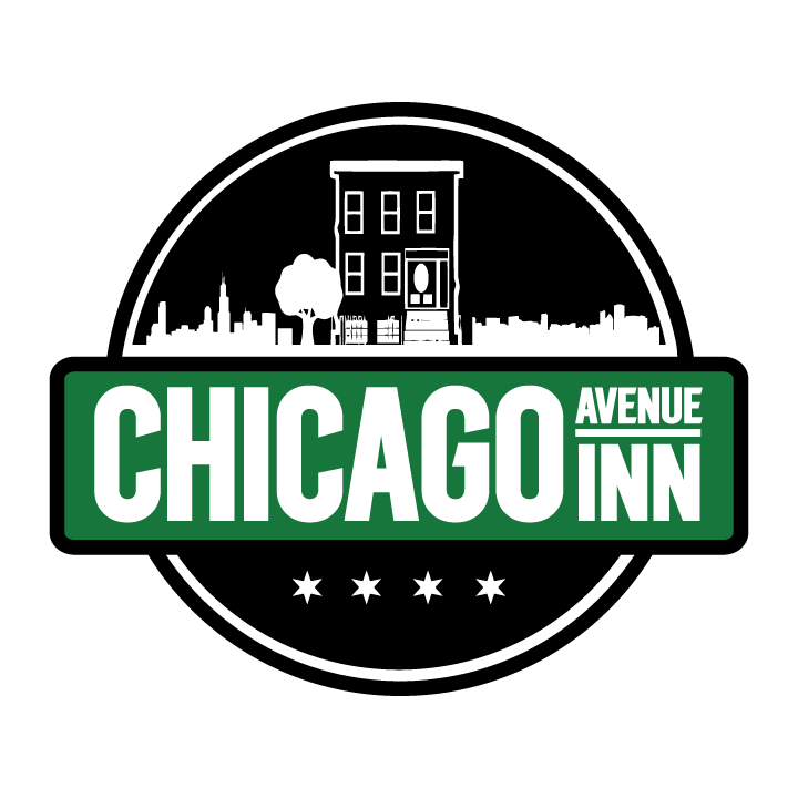Chicago Avenue Inn logo with black circle, green banner, and white building silhouette