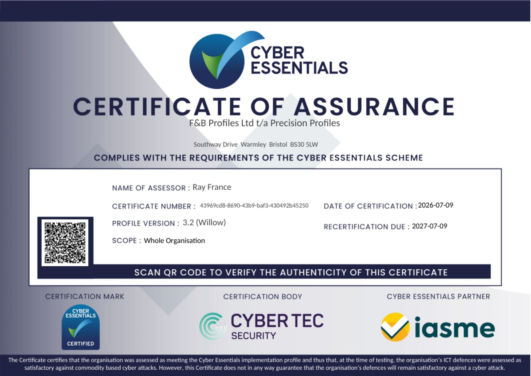 Cyber Essentials certificate of assurance with blue and white design and organization logos at the bottom