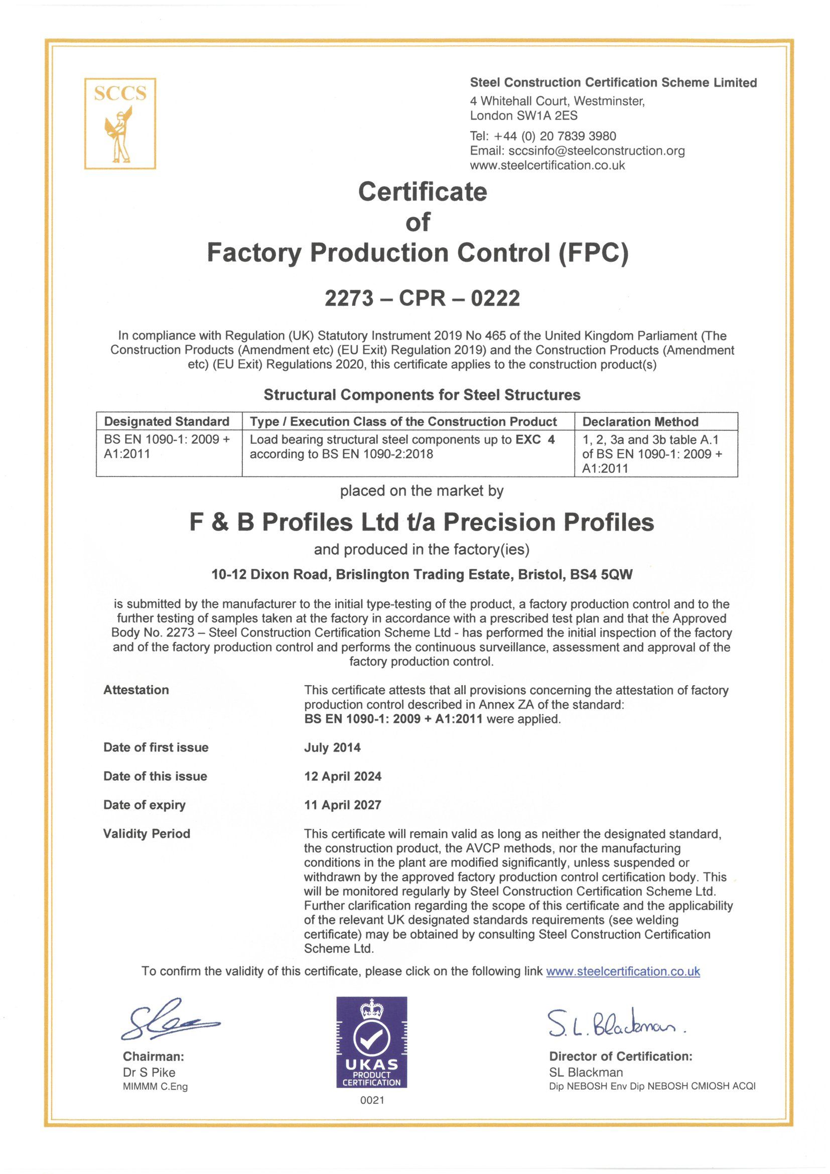 Certificate for production control in a cream-and-gold document with logos and dense text.