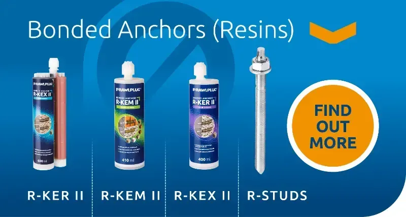 Bonded Anchors (Resins) ad with three resin bottles, anchor tools, and a “Find Out More” button on blue background