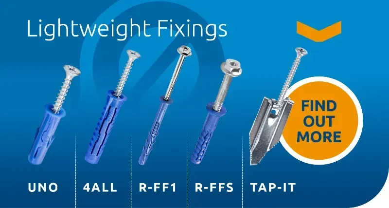 Blue ad for Lightweight Fixings with screw anchors labeled UNO, 4 ALL, R-FF1, R-FFS, TAP-IT and “FIND OUT MORE” badge