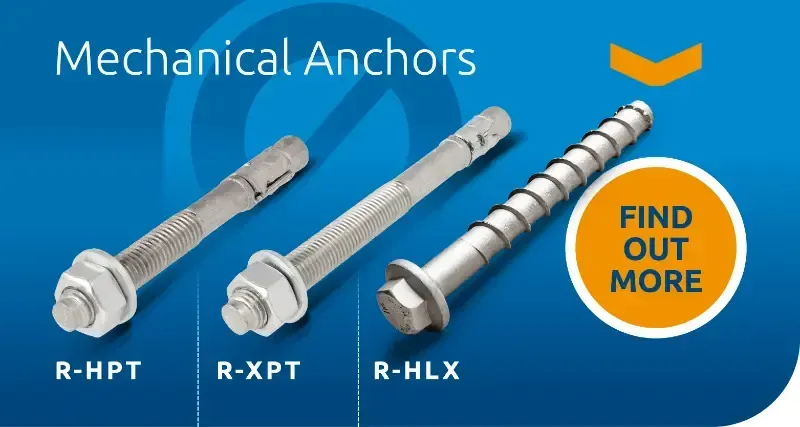 Blue ad for mechanical anchors showing three silver anchors labeled R-HPT, R-XPT, and R-HLX with a