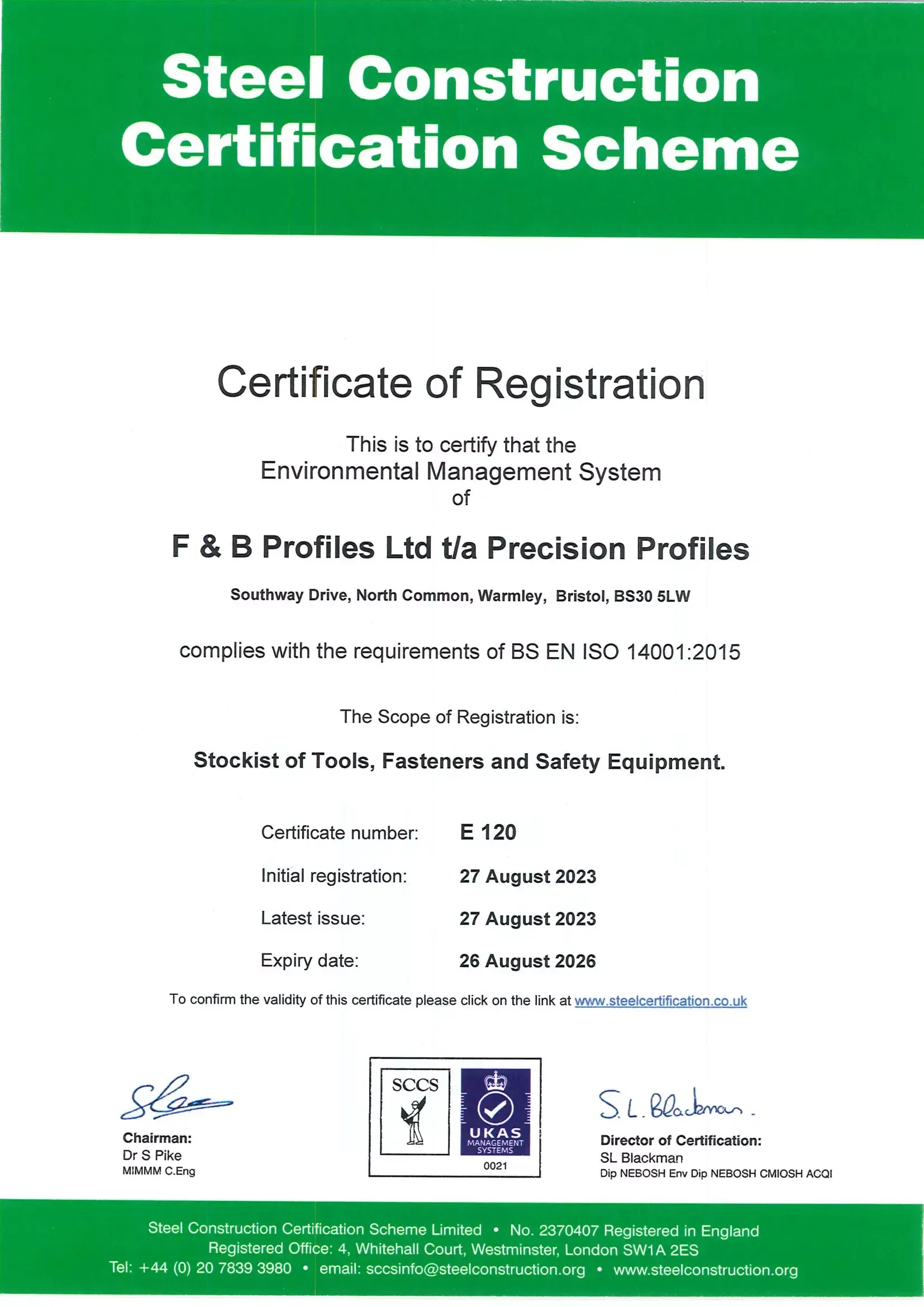 Steel Construction Certification Scheme certificate of registration document with green header and official logos