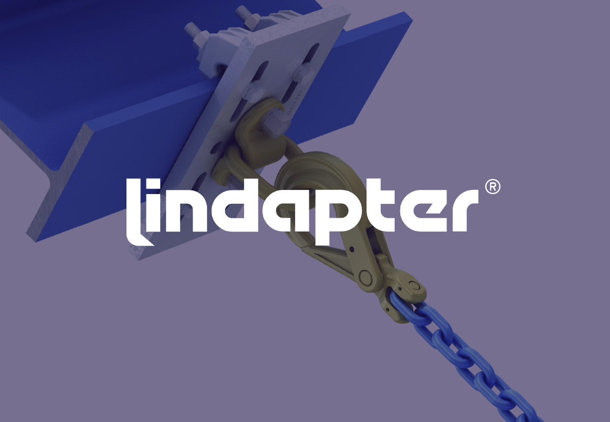 Lindapter logo over a blue steel beam with a metal chain connection