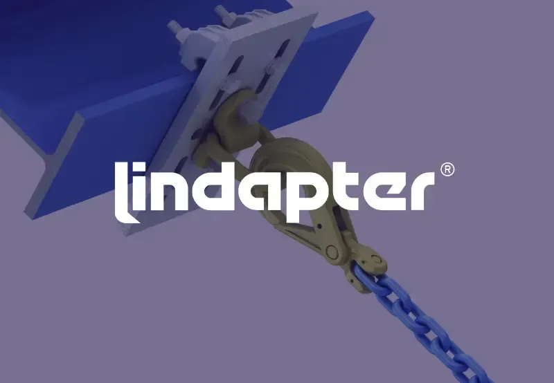 Lindapter logo on a blue industrial metal connection with a chain attached