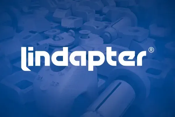Lindapter logo in white on a blue industrial hardware background